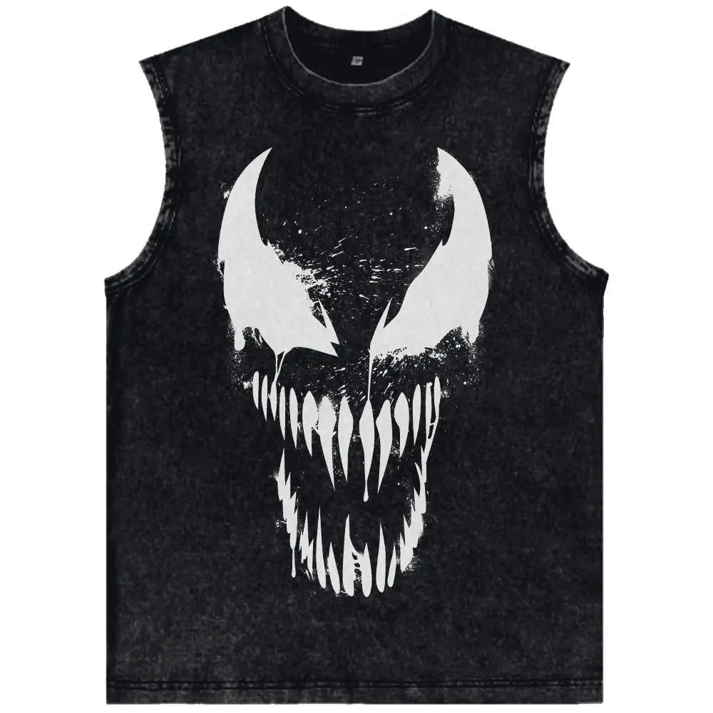 Vintage Washed Monster Teeth Muscle Tank Top | Men's Streetwear Evil Eyes Graphic Sleeveless Tee | Y2K Grunge Harajuku Alien Vest | Retro Casual Edgy Oversized Summer Gym Shirt