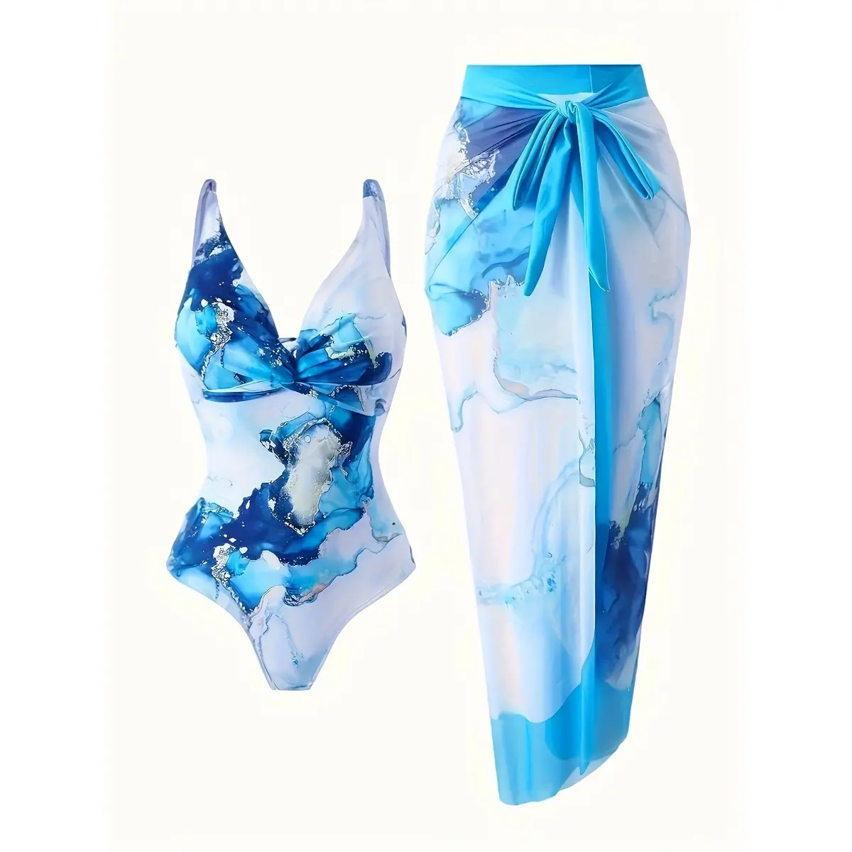 Women's 2026 Marble Print Deep V-Neck Tummy Control Swimsuit with Coordinated Chiffon Sarong Cover-Up, 2-Piece Swimwear Set for Beach, Swimsuit for Women, Tummy Control Swimwear