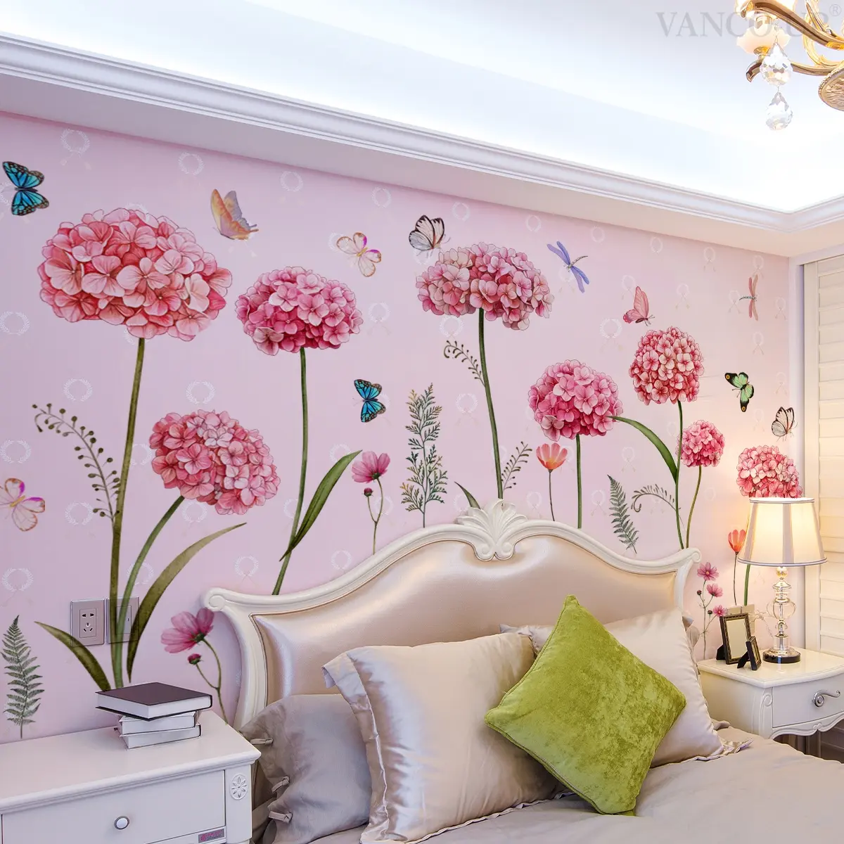 Hand-Drawn Hydrangea Butterfly Dragonfly Wall Stickers Set, Floral Pattern Sticker, Flower Design, 2 Sheets (30x90cm), Floral Wall Decals, Decorative Decal, Home Decor for Living Room Bedroom Background