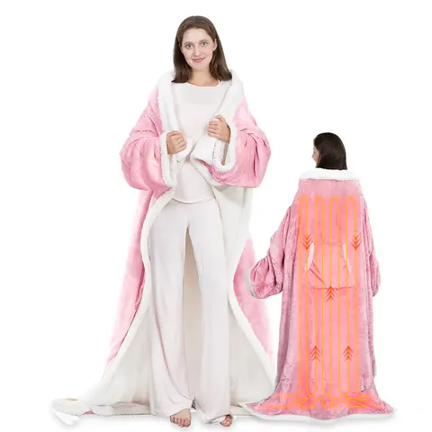 Women's Flannel Blend Heated Loungewear Robe - 52x72in Multifunctional Wearable Blanket, 7 Heat Levels, Foot Pocket, Sleeves, Machine Washable, Home Goods, Gifts for Women, Gifts Adults, Cool Mom Gadgets