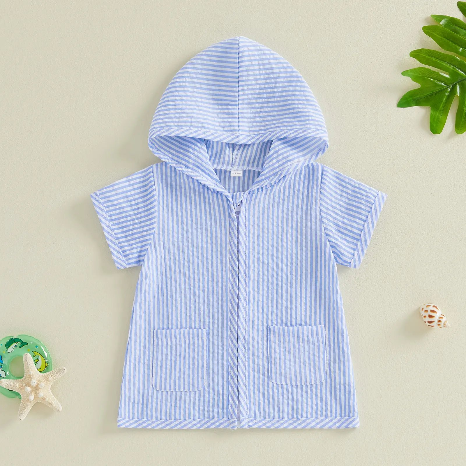 Toddler Baby Little Boy Girl Swim Cover Up Short Sleeve Zip Up Hooded Striped Bathing Suit Coverup Kids Pool Beach Robe 1-5 Years