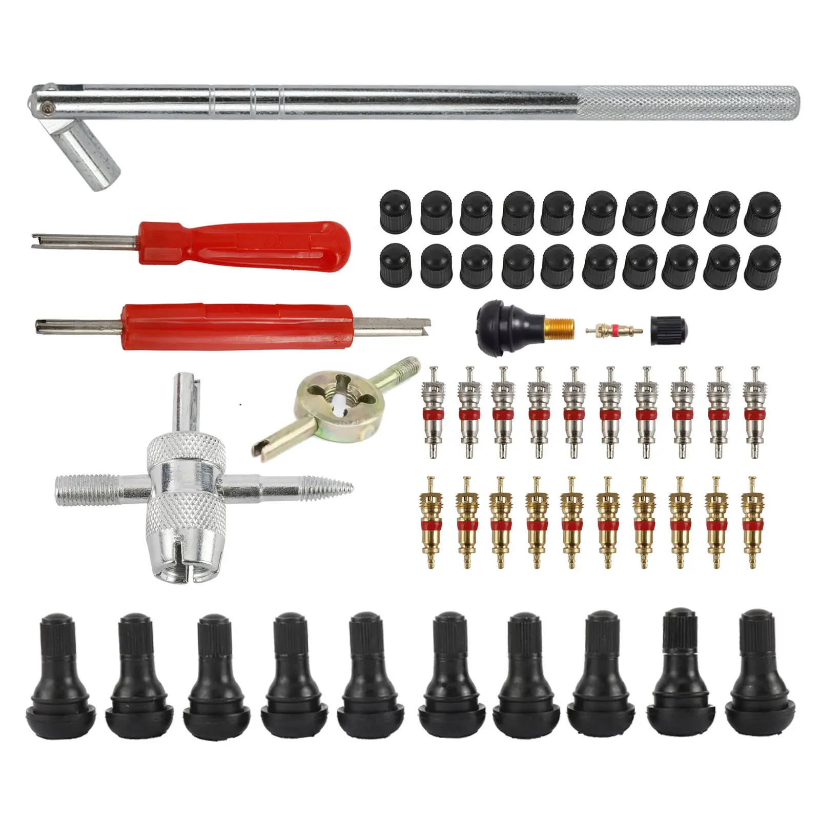 Automotive Repair Tools Tire Valve Stem Installation-Removal Repair Multi-Tool Kit with Knurled Handle, 64pc/43pc Options for Cars & Bikes, Tire Plug Core Puller