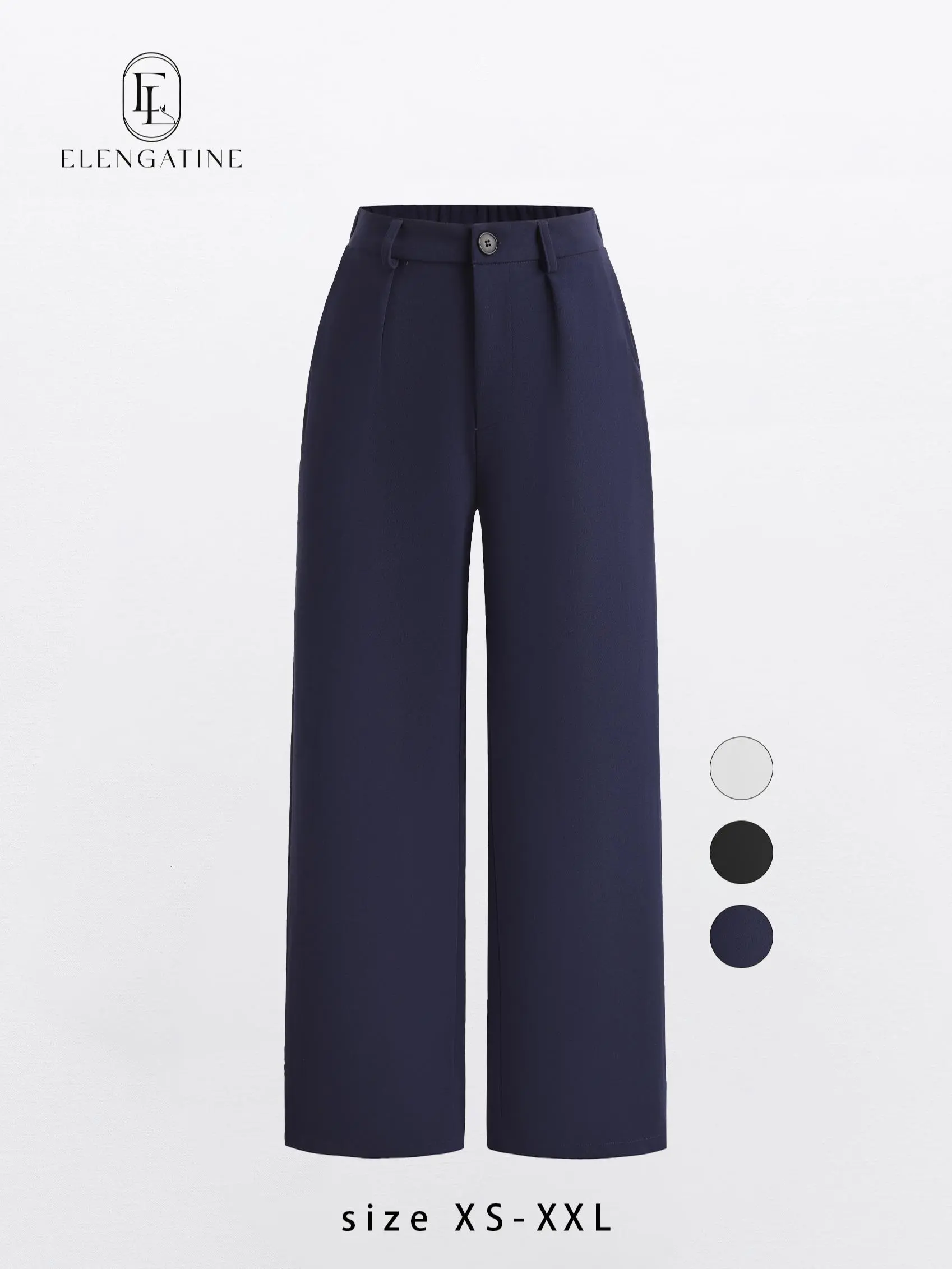 Elengatine Women’s Minimalist White Polyester Plain High-Waist Tailored Wide-Leg Drape Pants - Pleated Front, Smooth Clean Fit, Smart Casual, All-Seasons Bottom, Ideal for Workwear Office, Everyday Outfits Inspo