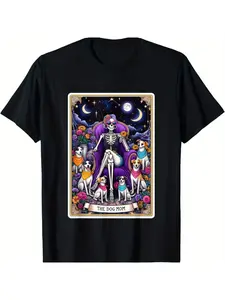 [Fast Arrival] The Dog Mom Skeleton Tarot Card Mother's Day T-Shirt for Men Women, Christmas Halloween Thanksgiving day Gift, Unsex Soft Fabric, Comfortable Black Short Sleeve Tees Perfect for Autumn, Must-have Fashionable Tee