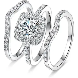 Round Cut Classic Three-in-One 3 Pieces Set Halo Wedding Engagement Peomise Eternity Opal Ring for Women Mother Day Birthday Christmas Gift