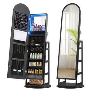 Lvifur LED Mirror Jewelry Cabinet, 360° Swivel Jewelry Organizer Standing, Arched Wide Full-Length Mirror with Storage Shelves, Interior Mirror, Wood Jewelry Armoire for Lady Girls,