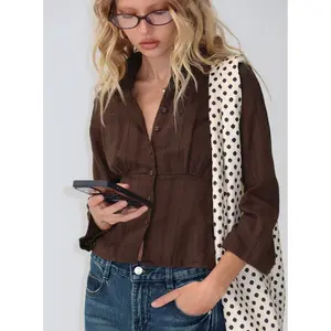 Taelynn 3/4 Sleeve Button Up Shirt Chocolate