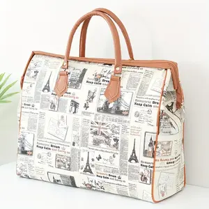 2024 Vintage Newspaper Printing Travel Bag, Large Capacity Folding Luggage Storage Bag, Fashion Packaging and Organizing Handbag