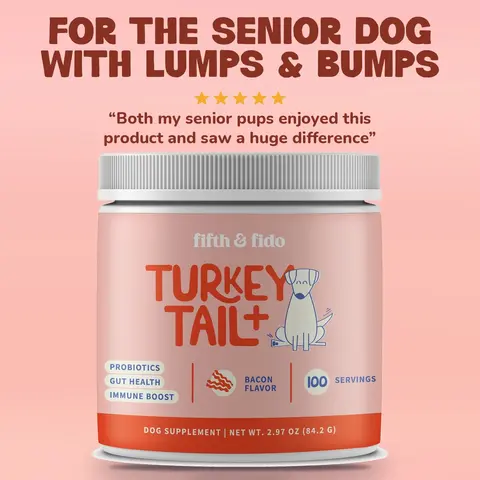 Fifth and Fido Turkey Tail-Reishi Mushrooms Dog Food Topper, Bacon Flavor, Probiotic Supplement, Universal for Dogs, Supports Immune & Gut Health, 500mg per Scoop, Made in USA