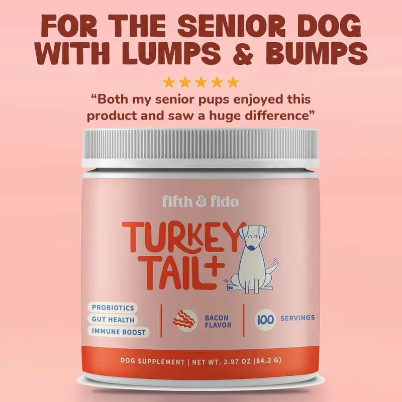 Fifth and Fido Turkey Tail-Reishi Mushrooms Dog Food Topper, Bacon Flavor, Probiotic Supplement, Universal for Dogs, Supports Immune & Gut Health, 500mg per Scoop, Made in USA
