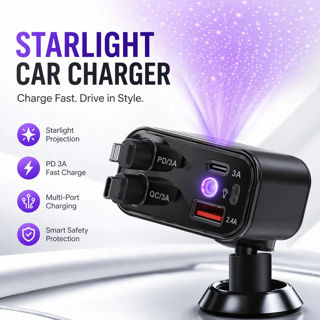 120W 4-in-1 Retractable Car Charger, Fast Charging Adapter with Dual Built-In USB-C & Lightning Cables, USB-C and USB-A Ports, 31.5in Retractable Cords, 180° Adjustable Plug, Charge Up to 4 Devices for 12-24V Cars, SUVs, Trucks, Road Trips & Daily Driving