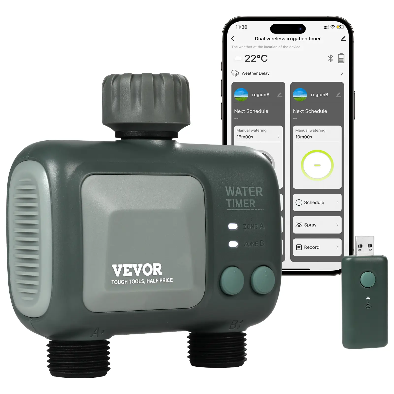 VEVOR WiFi Sprinkler Timer, 2 Outlets, Smart Hose Faucet Water Timer with Brass Inlet, APP Control via 2.4Ghz WiFi or Bluetooth, Voice Control with Al