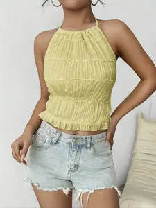 Sporty Fresh Sweetie Yellow Striped Halter Ruched Athleisure Crop Tank Daily Sporty Casual Yellow Halter Ruched Athleisure Tank Y2K Light Sporty Yellow Halter Ruched Crop Tank Top