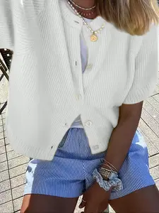 New Elegant Short Sleeve Knitwear, Round Neck Button Front Cardigan, Casual Three-Season Women's Top, Perfect for Daily Wear and Commute Womenswear