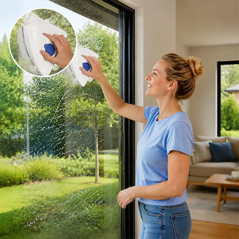 Single Pack Double-Sided Magnetic Window Cleaner with Dual Water Tank & Squeegee System, ABS Material Glass Cleaning Tool for Bathroom, Kitchen, Living Room, Outdoor & Boat Use