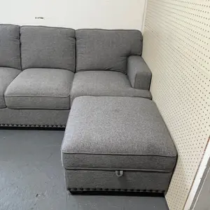 Thomasville Emilee Fabric Sectional with Storage Ottoman new   Includes: 1 Right Arm Sofa, 1 Left Arm Sofa, 1 Ottoman  Features: Color: Gray 100% polyester fabric Sinuous spring suspension Pocket coil seat cushion Storage ottoman Solid wood legs with waln