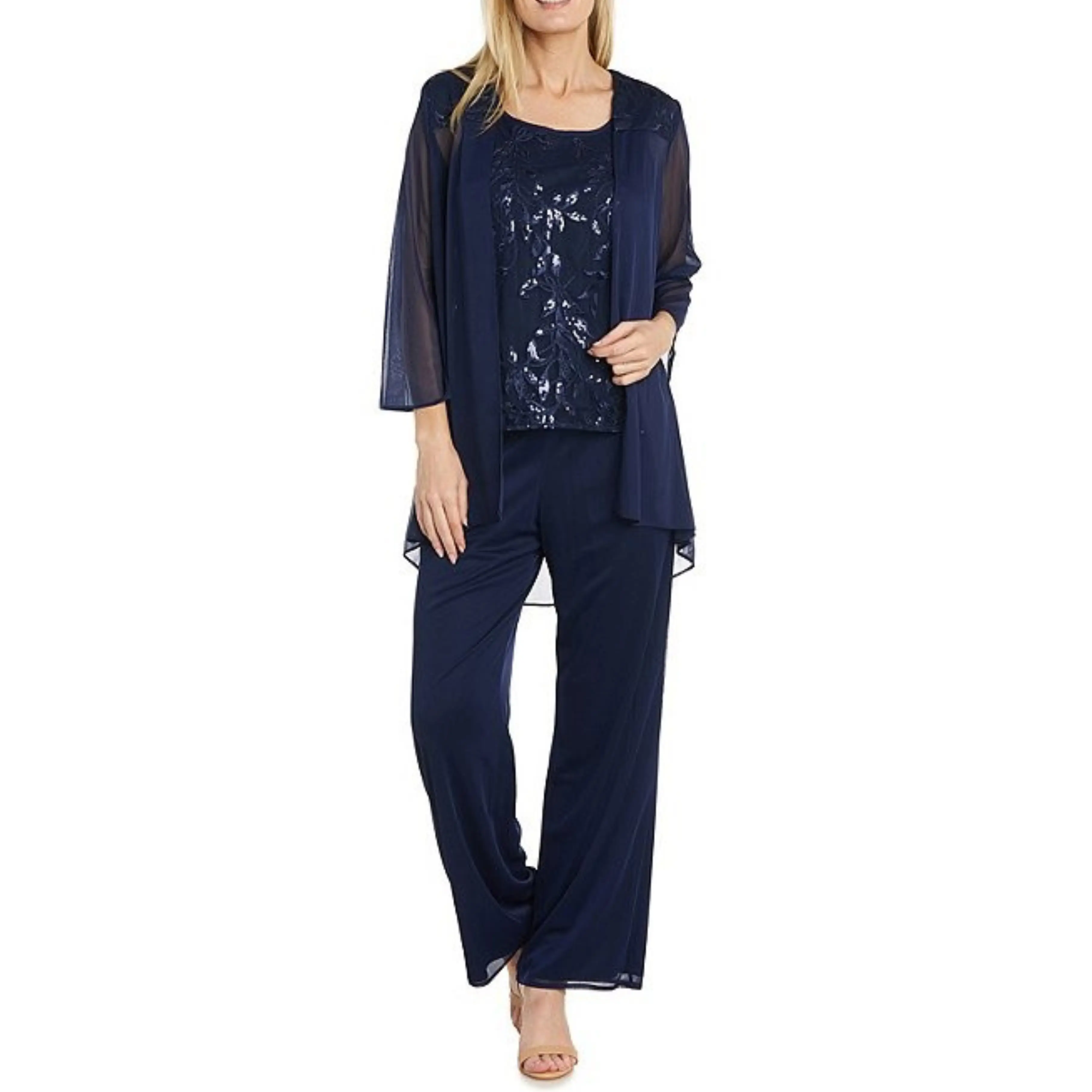 Navy 3-Piece Embroidered Sequin Pants Set with Sleeveless and Beaded Detail by R&M Richards 42734