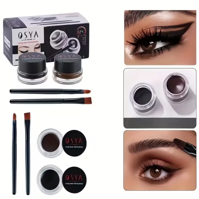 2-In-1 Gel Eyeliner Set, Long-Lasting High Pigment Waterproof Matte Smudge-Proof Eye Liner Balm with Brush, & Colors