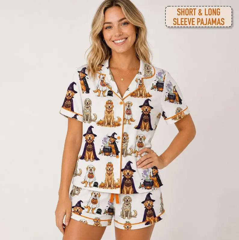 Halloween Golden Retriever Pajama Set, Matching Family Halloween PJs, Adult & Kids Dog Pajamas, Spooky Golden Retriever Sleepwear