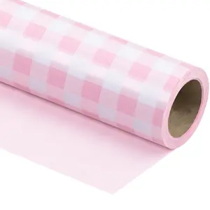 Reversible Wrapping Paper, 17x33ft, Pink & White Plaid Design for Birthday, Holiday, Baby Shower