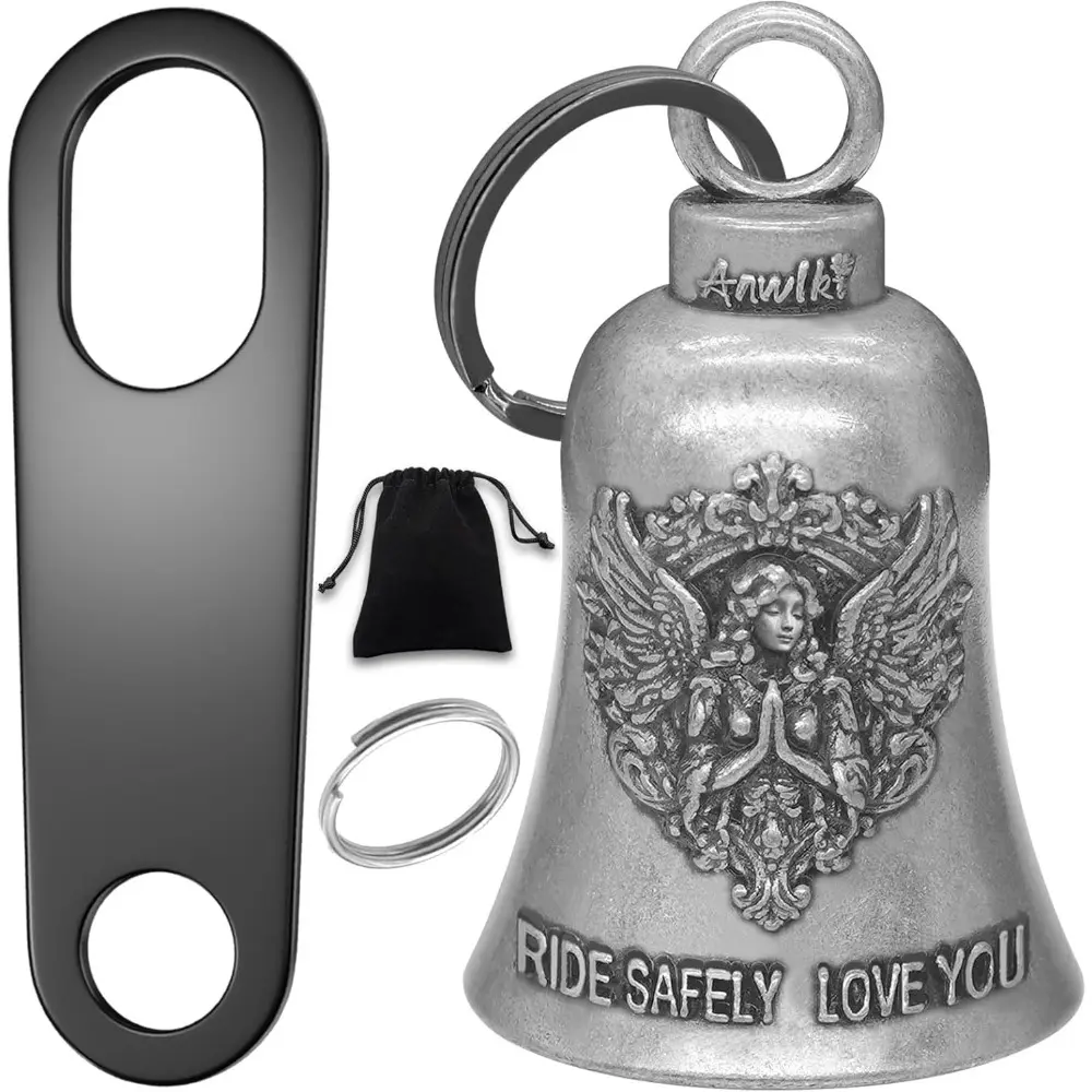 Motorcycle Riding Bell with 2 Key Chain Ring Accessories and Bell Hanger – Guardian Angel Charm for Bikers, Ideal Birthday Gift for Backpack Owners, Door Hanging Decor, Backpacks