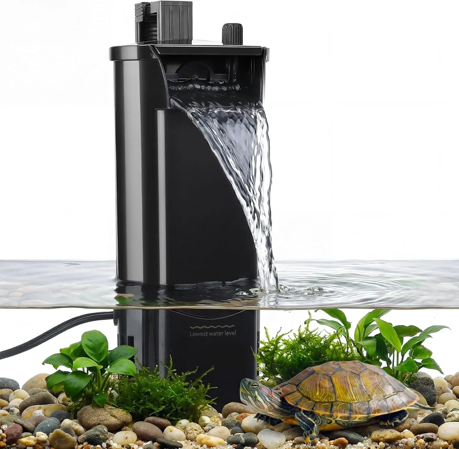 Turtle Tank Filter for Reptile Frog,Circulation Aquarium Filter Adjustable Water Flow & 2 Filter Cartridges,2 Mounting Ways Low Water Level Quiet filter for turtle tank up to 25Gal