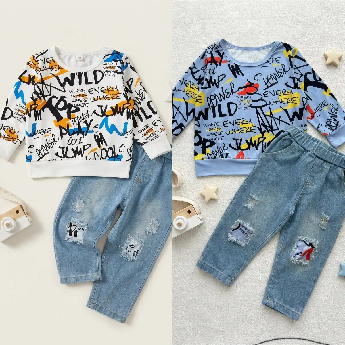 Kids Wild & Free Graphic Long Sleeve Top & Distressed Jeans 2 Piece Casual Outfit for Boys Girls