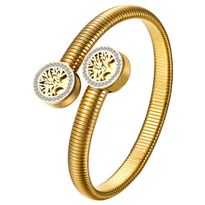 OIDEA Tree of Life Bracelet: Women Gold Stainless Steel Elastic Bangle Sparkling Rhinestones Ladies Stretch Elegant Link Chain Wristband