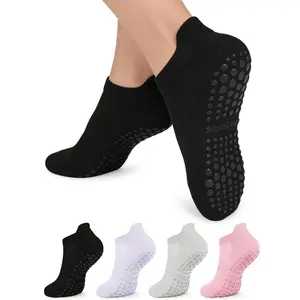 Mealah 4 Pairs Pilates Socks for Women Yoga Socks With Grips Non Slip Crew Socks for Barre Dance Workout Hospital Barefoot