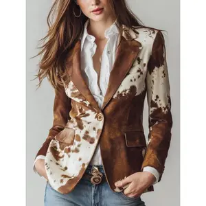 Retro cowhide printed eco-friendly suede sports jacket | Women's western cowhide leather jacket | Sustainable cowhide printed jacket