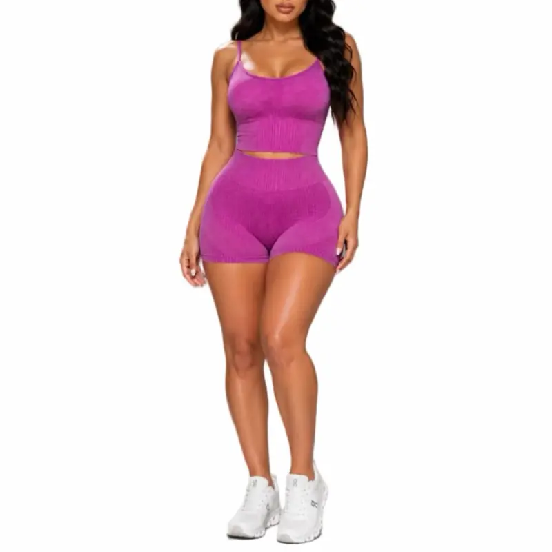 Valentina set - Mineral wash ribbed short set  Sculpting stretch fabric with a contour fit  Cropped cami tank with adjustable straps  High-waisted biker shorts with snatched look.