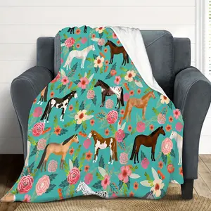 1Pc Beautiful Horses & Flowers Print Blanket - Ultra-Soft Cozy Plush Flannel - Perfect For Sofa, Couch & Bed - Luxurious Birthday Gift