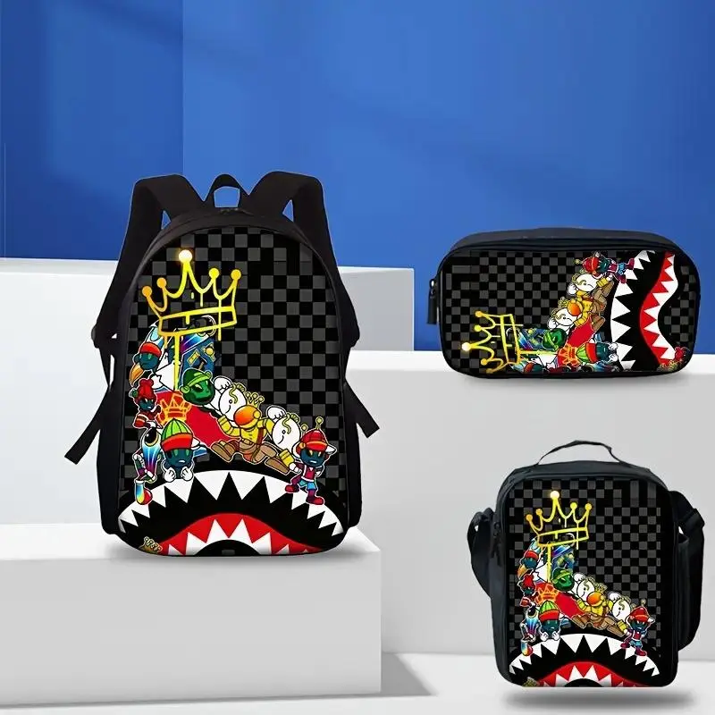 Boys' 3PCS Waterproof Large-Capacity School Backpack Set - Black Checkerboard Shark Mouth Golden Crown Graffiti Cartoon Print, Insulated Lunch Box, Pencil Pouch, for Street Hip Hop Fans (Sports & Outdoor Gym Shoulder Bag)