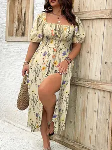 【Plus Size】Ditsy Floral / All Over Print Split Thigh Dress, Casual Puff Sleeve Tie Front Dresses, Women Plus Clothing for Summer Beach Daily Wear.