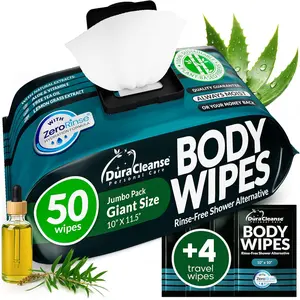 XL Body Wipes for Men - 50 No Rinse Shower Sheets + 4 Travel Bath Sachets - 10 x 11.5" After Gym Mens Deodorant Wipes - Adult Disposable Washcloths, Face Towels for Camping & Gear