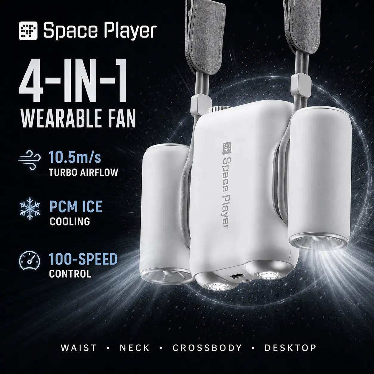 Space Player Portable Wearable Fan - 9000mAh 4-in-1 Clip-on Belt/Neck Waist-Worn Rechargeable Device with PCM Ice Cooling, Dual Motors, LED Light, Cells, Beat the Heat for Outdoor Camping, Portable Fan