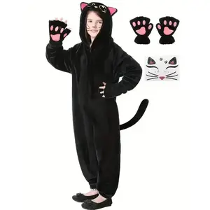 Black cat onesie pajamas, warm soft pajamas with gloves and cat stickers, perfect for Halloween, cosplay, dress up, role play, costume parties, themed events, winter home wear