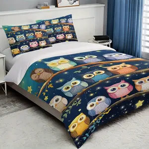 Cute Owl Print Bedding Set, 3 Piece (1 Fitted Sheet + 2 Pillowcases), Soft Comfortable, Decorative Bedding Set, Bedroom Dorm Guest Room Decor