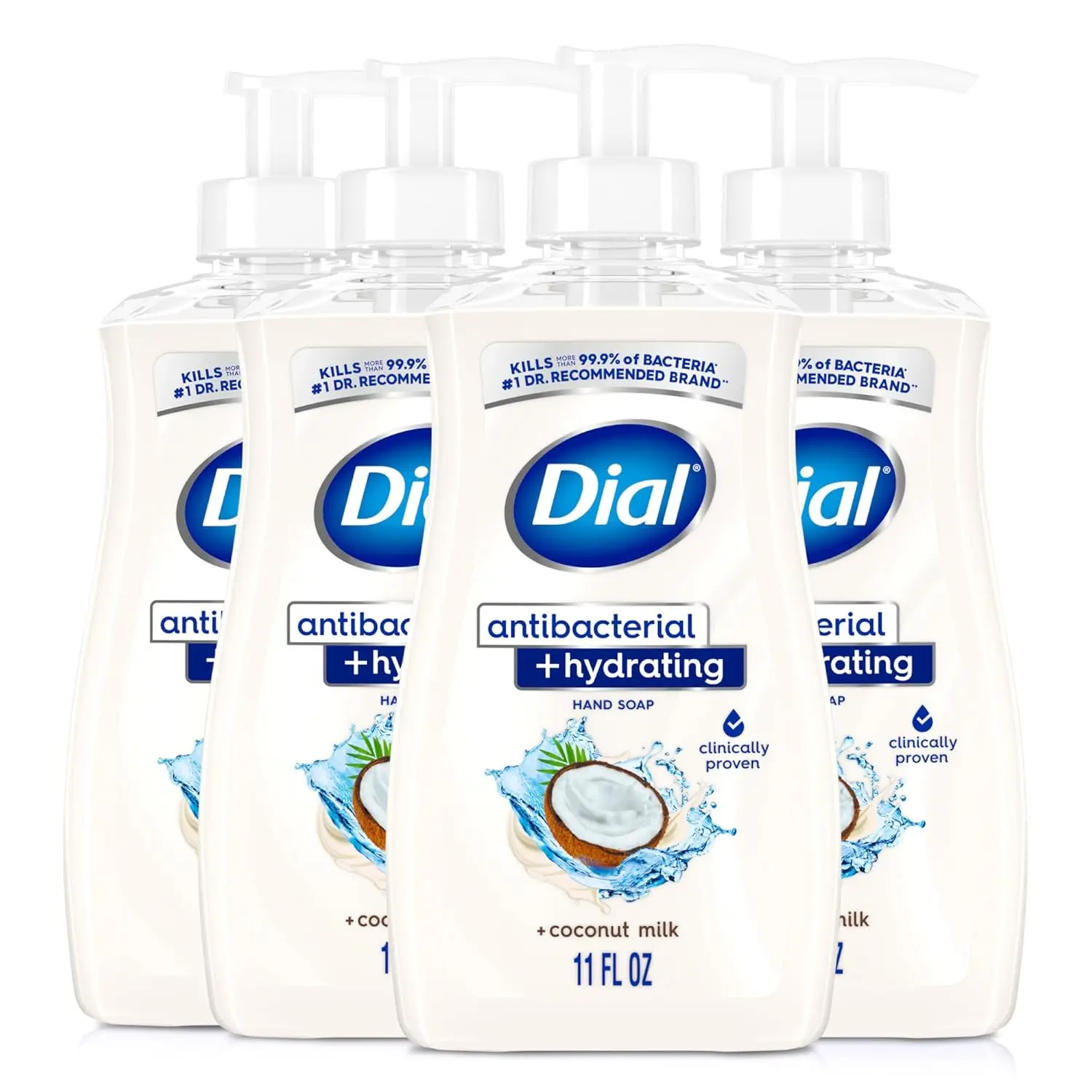 Antibacterial Liquid Hand Soap, Moisturizing Hand Wash with Hydrating Coconut Milk, Paraben-Free and Silicone-Free, Pack of 4, Plastic, Defense, Dial, Bottle, Free From Parabens