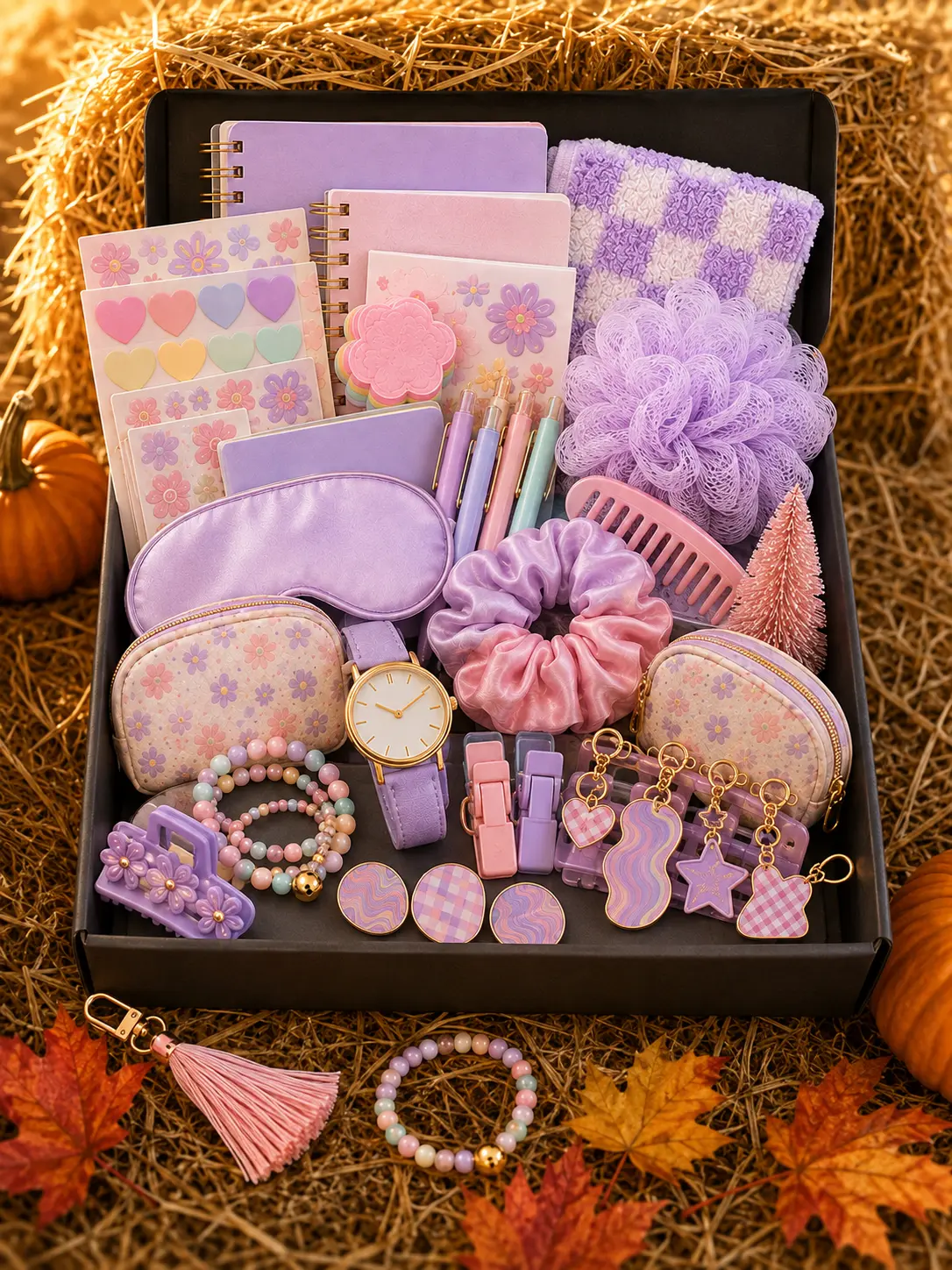 Random Purple-Themed Scoop Box Gift Set for Women, Mixed Cute Stationery, Hair Accessories, Keychain Charms, Mini Notebooks, Stickers and Bracelets, Birthday and Holiday Gift