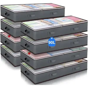 90L Under Bed Storage Containers, Large Capacity Underbed Storage Bags Organizer, Thick Fabric Storage Bins with Clear Window and Reinforced Handles for Blanket Comforter Bedding Clothes, 8 Pack
