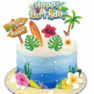 10-Piece Summer Beach Surf Cake Decor Set, Paper Inserts, Hawaiian Flowers and Coconut Trees, Party Decoration, Birthday Cake Decor