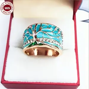 925 Silver Bohemian Tree Of Life Enamel Ring, Retro Turquoise Wide Ring with 5A Zirconia Inlay, Light Luxury Women's Jewelry Is The Most Exciting Christmas And Birthday Gift for Oneself And Loved Ones