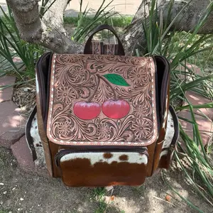 Cherry Backpack - Brown Leather with Floral Design, Zip Closure, and Multiple Pockets for Everyday Use