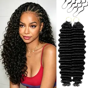Vinisay Human Crochet Hair for Women Deep Wave Crochet Human Hair Bundles 60g/Pack Pre-Separated Feather Crochet Human Hair Extensions For Miracle Knots Boho Braids Natural Black 4 to 5 Packs Recommended for a Full Head  #Summervibes