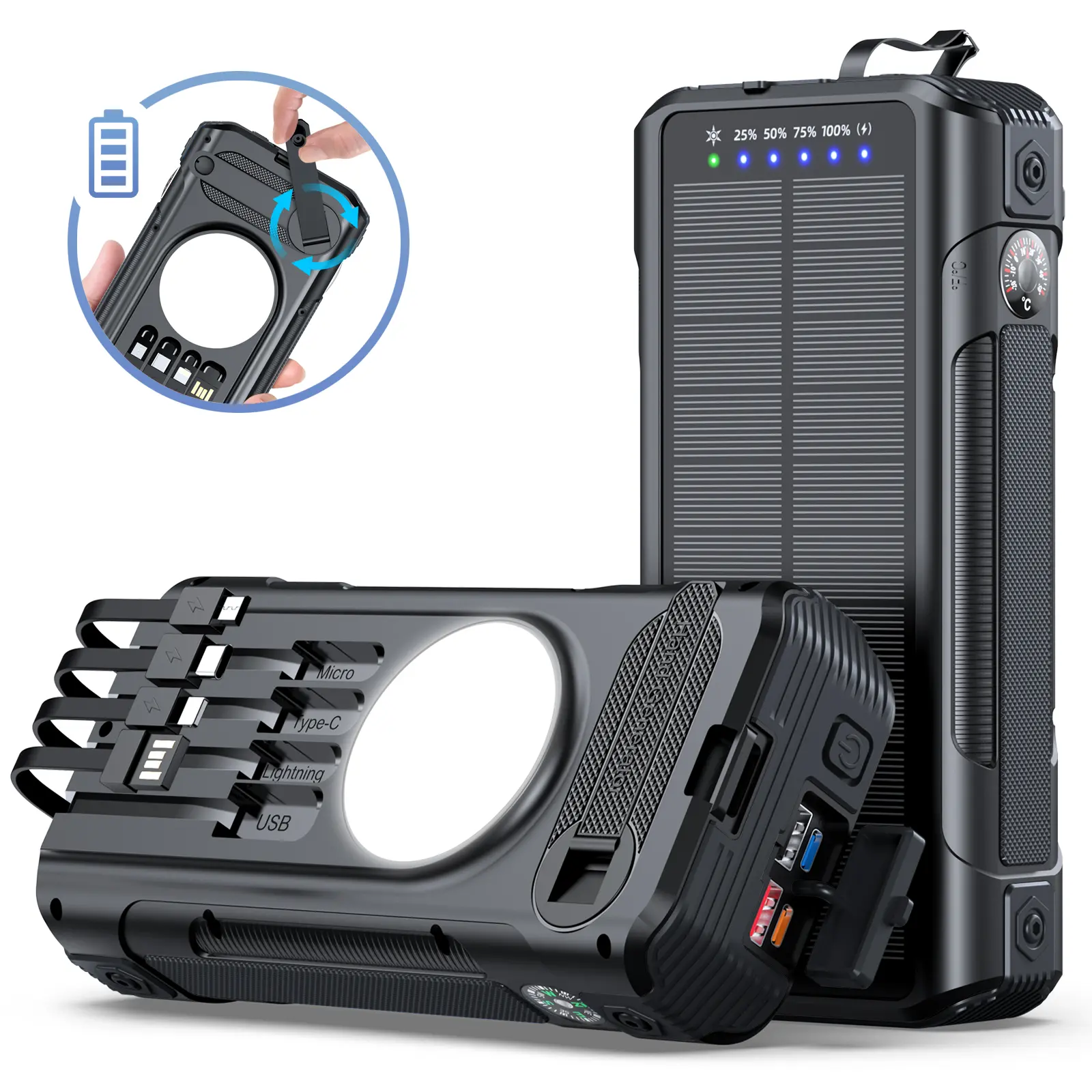 CUUUT 63900mAh solar battery pack, black portable solar charger, waterproof battery pack, external power charger suitable for outdoor activities and camping, 4-port output, LED flashlight charging function, perfect gift for your boyfriend.