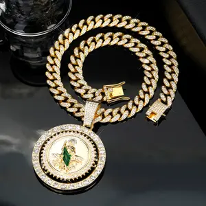 3-Piece San Judas Tadeo 14k Gold Plated Diamond Pendant Necklace Bracelet Suit, Rotatable Religious Cuban Link Chain Necklace with gift box everyday wear, Frosted Sparkling Cubic Zirconia Jewelry, Holiday, Birthday, Valentine's Day Gift For Men And Women