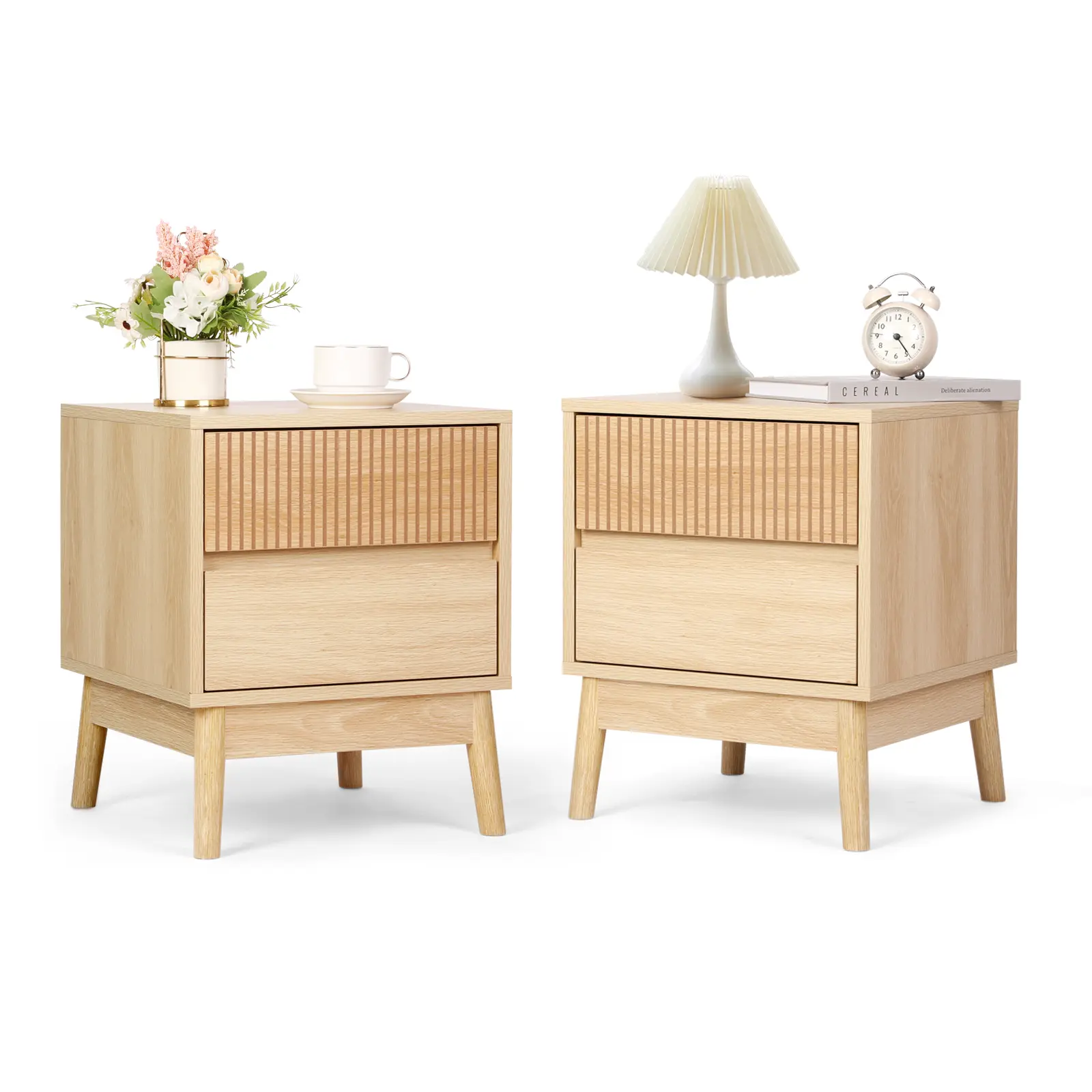 VOWNER Fluted Wooden Nightstand, End Table with 2 Drawers and Solid Wood Legs, Beside Table with Storage for Bedroom, Living Room