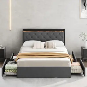 Spacious Full Upholstered Velvet Bed Frame - Platform with 4 Storage Drawers, Charging Station, and Wood Slats, No Box Spring Needed, Spacious Bed Frames