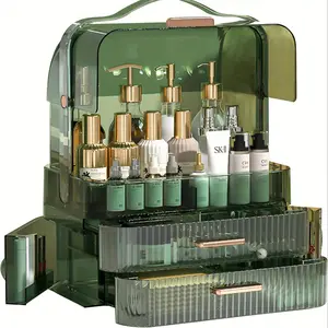 Clear/Green Cosmetic Storage Box | Drawer Organizer with Lid, Makeup Cosmetic Organizer, Suitable for Skincare, Jewelry and Cosmetics, Perfect for Bathroom Countertops and Kitchen Countertops, Vinyl Material, Unopened